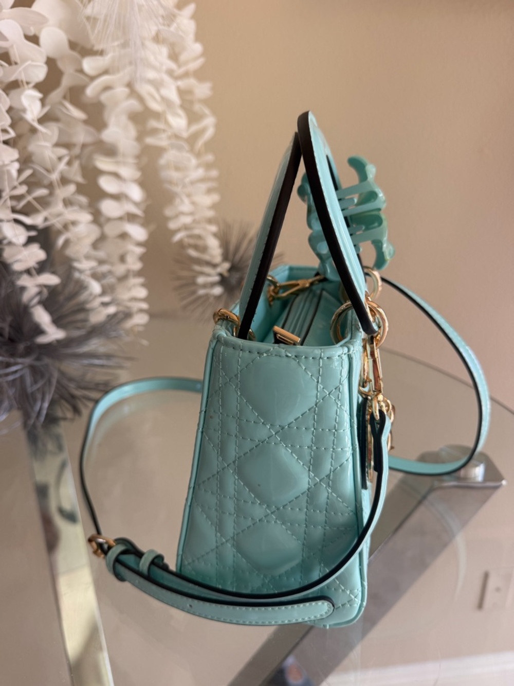 Aqua Patent Leather Quilted Top-Handle Bag with Gold Hardware - Picture 3 of 9